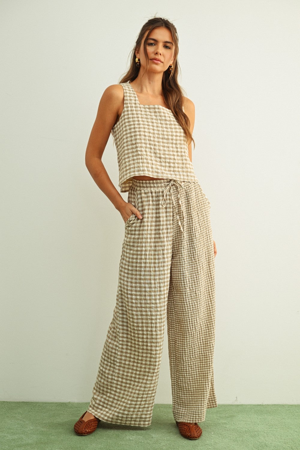Gingham Square Neck Tank Tan