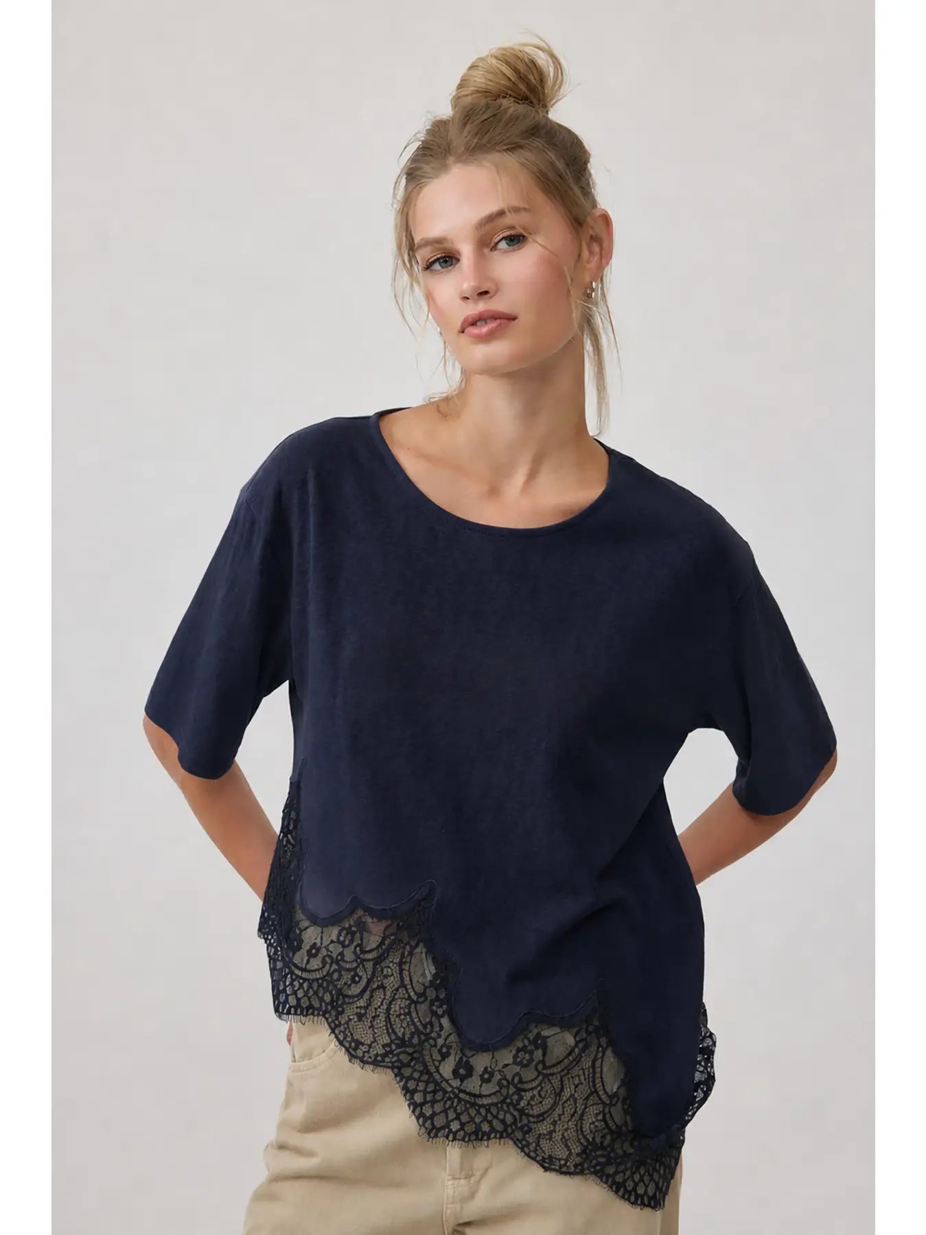 Slub Lace Hem Tee Navy
