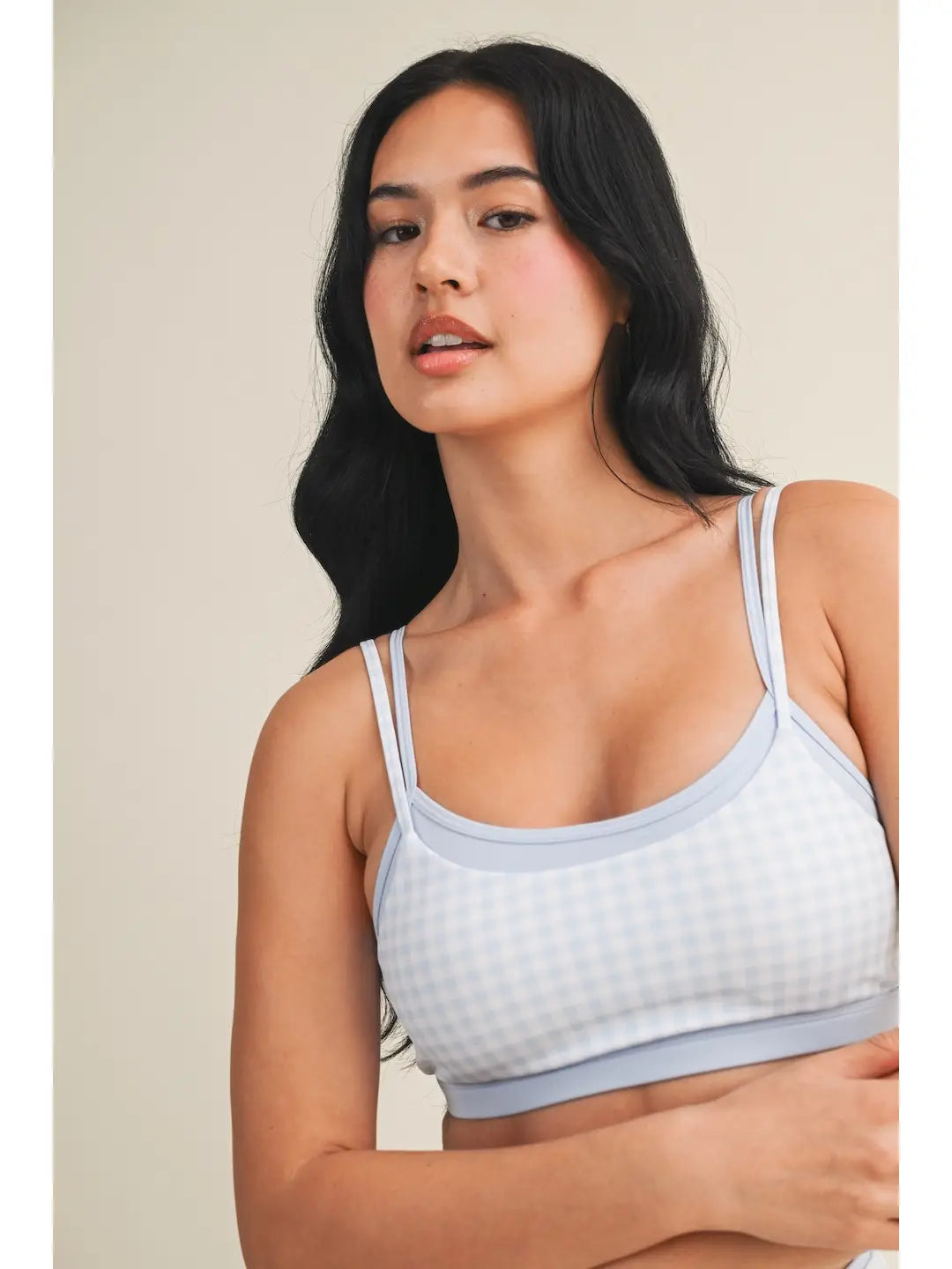 Gingham Layered Sports Bra Blue