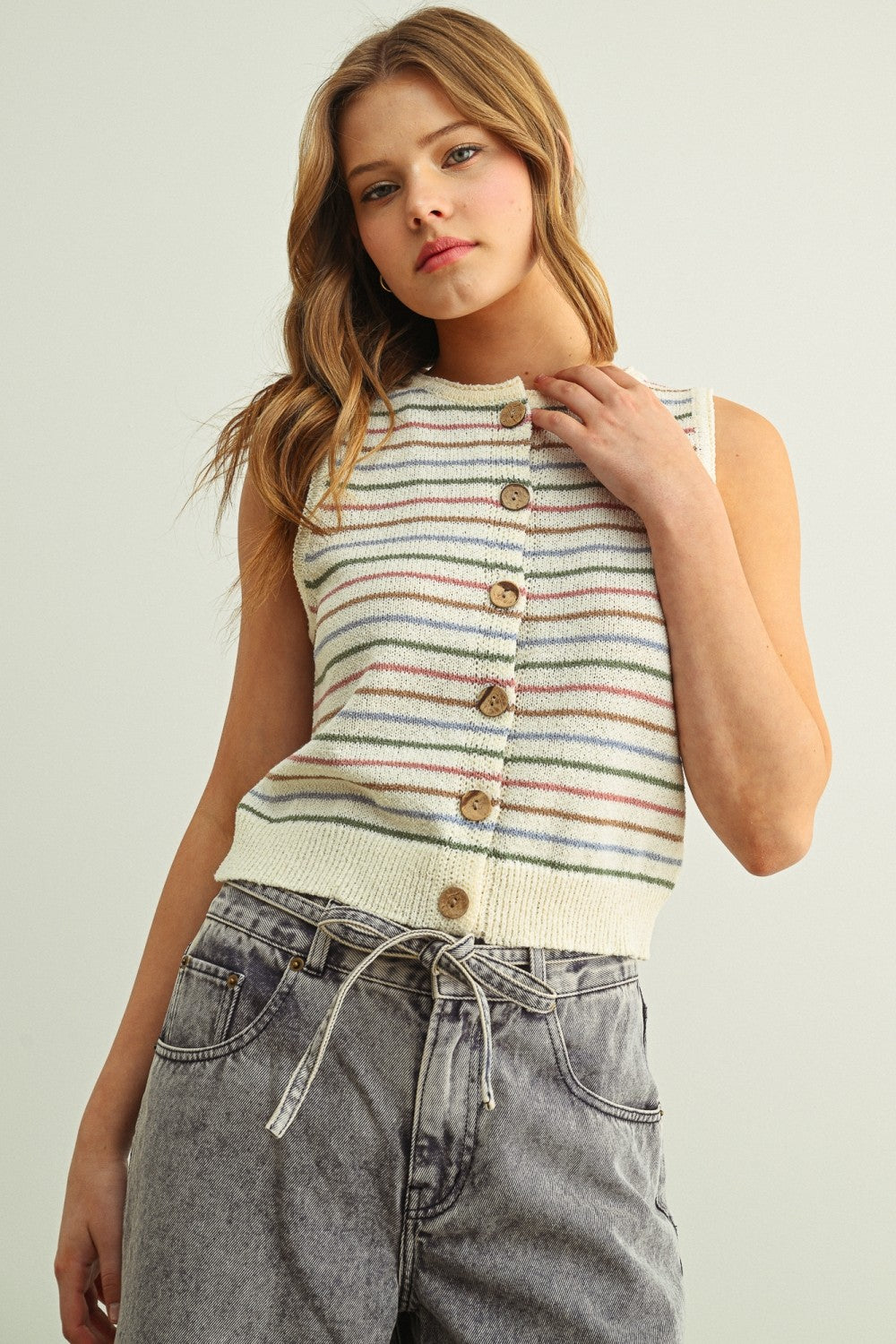 Multi Stripe Button Knit Top White - Clothe Boutique