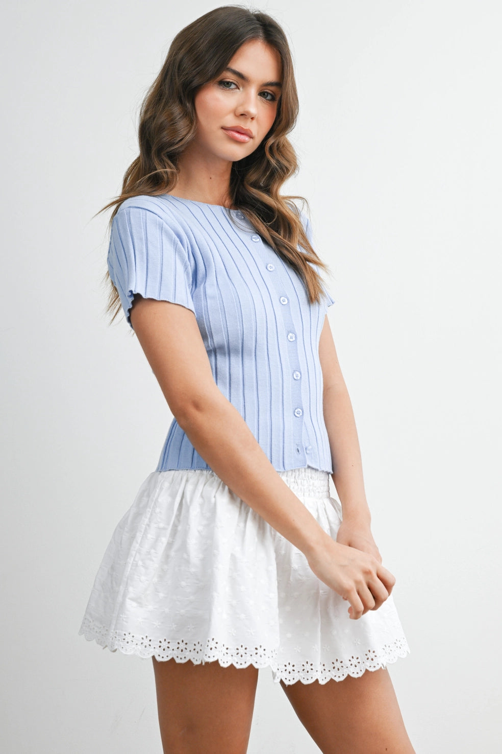 Ribbed S/S Button Top Blue - Clothe Boutique