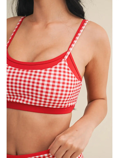 Gingham Layered Sports Bra Red