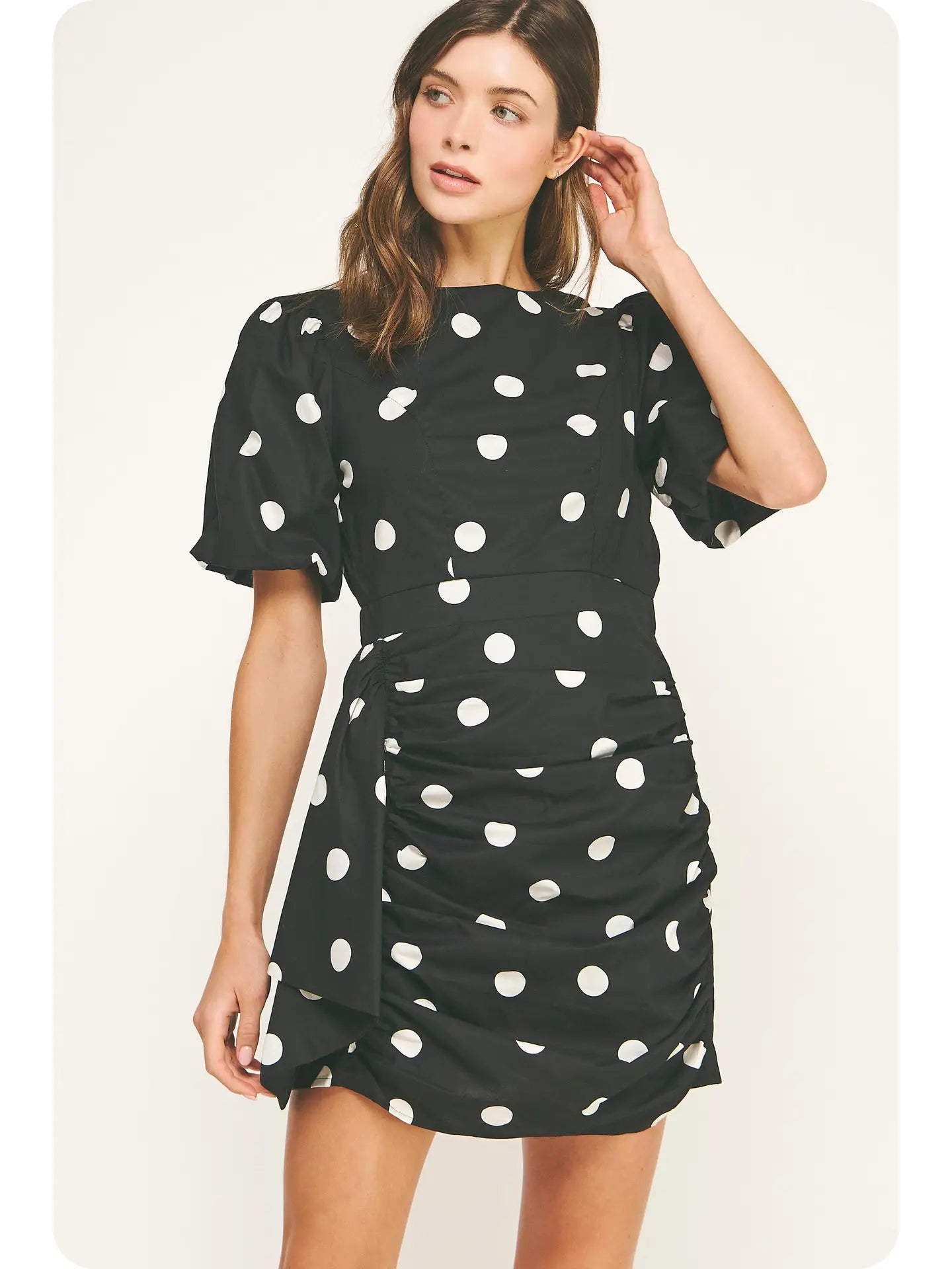 Ruched Puff Sleeve Polka Dot Mini Dress