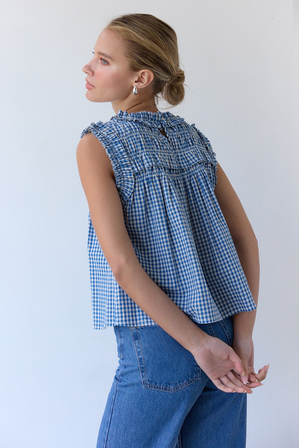 Blue Smocked Gingham Ruffle Blouse - Clothe Boutique