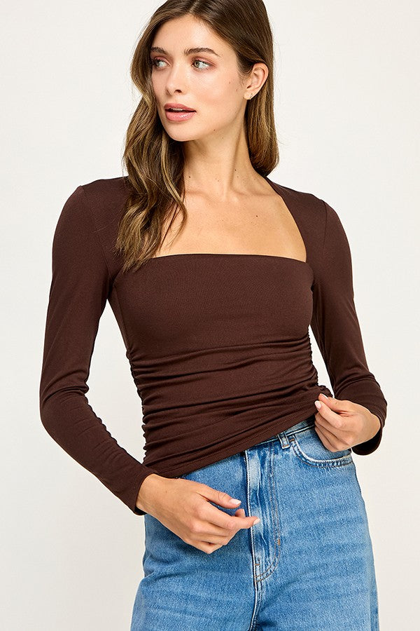 Long Sleeve Square Neck Top Brown - Clothe Boutique
