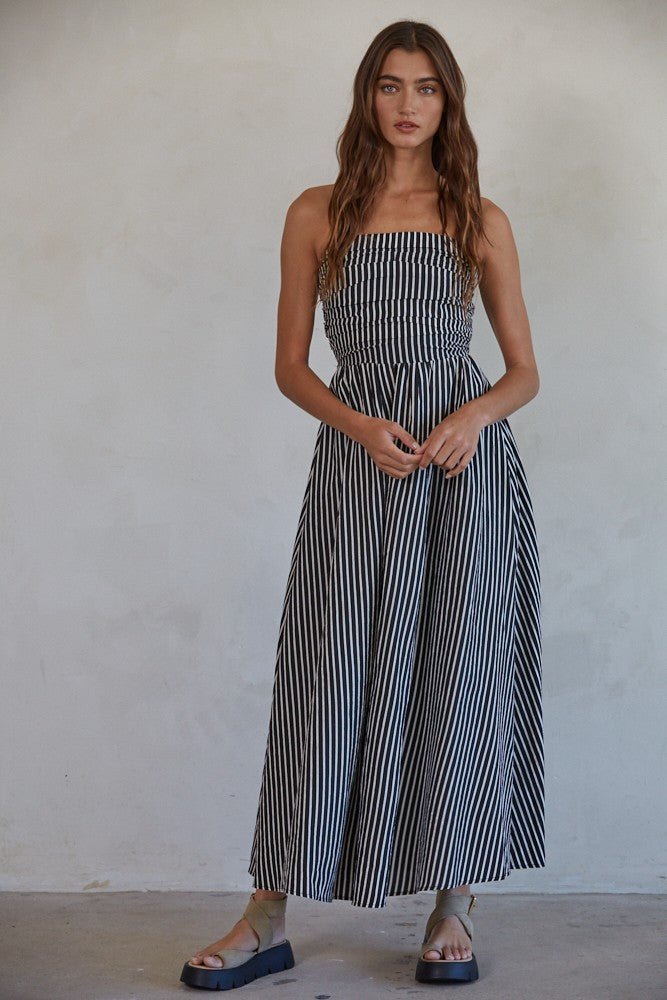 Black Striped Strapless Maxi Dress