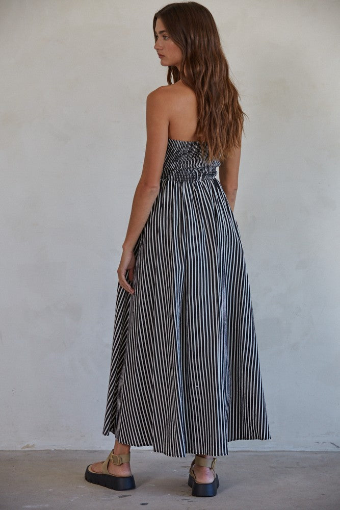 Black Striped Strapless Maxi Dress