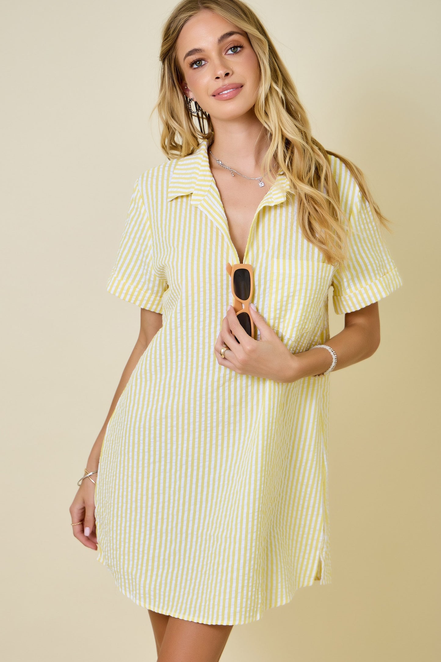 Seersucker Stripe Dress Yellow