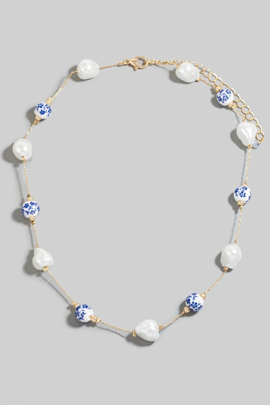 Floral Ceramic Bead Necklace Blue