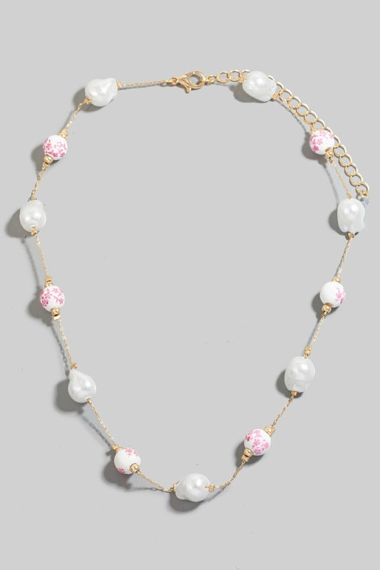 Floral Ceramic Bead Necklace Pink