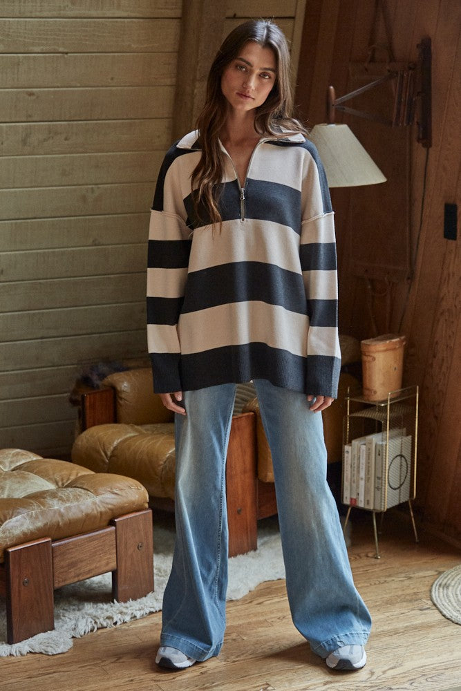 Half Zip Striped Long Sleeve Charcoal/Cream