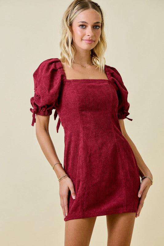 Corduroy Square Neck Dress Wine