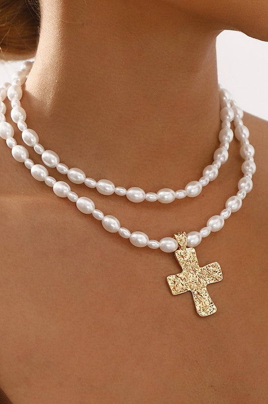 Pearl Layered Cross Necklace