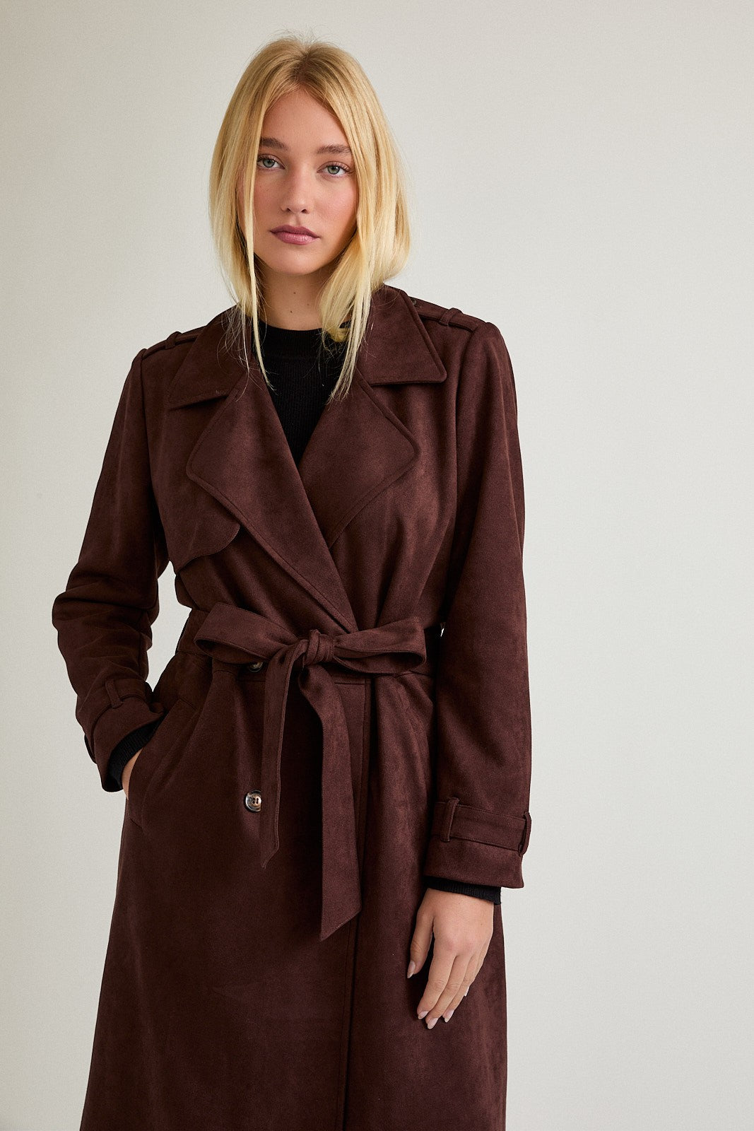 Brown Suede Long Trench Coat