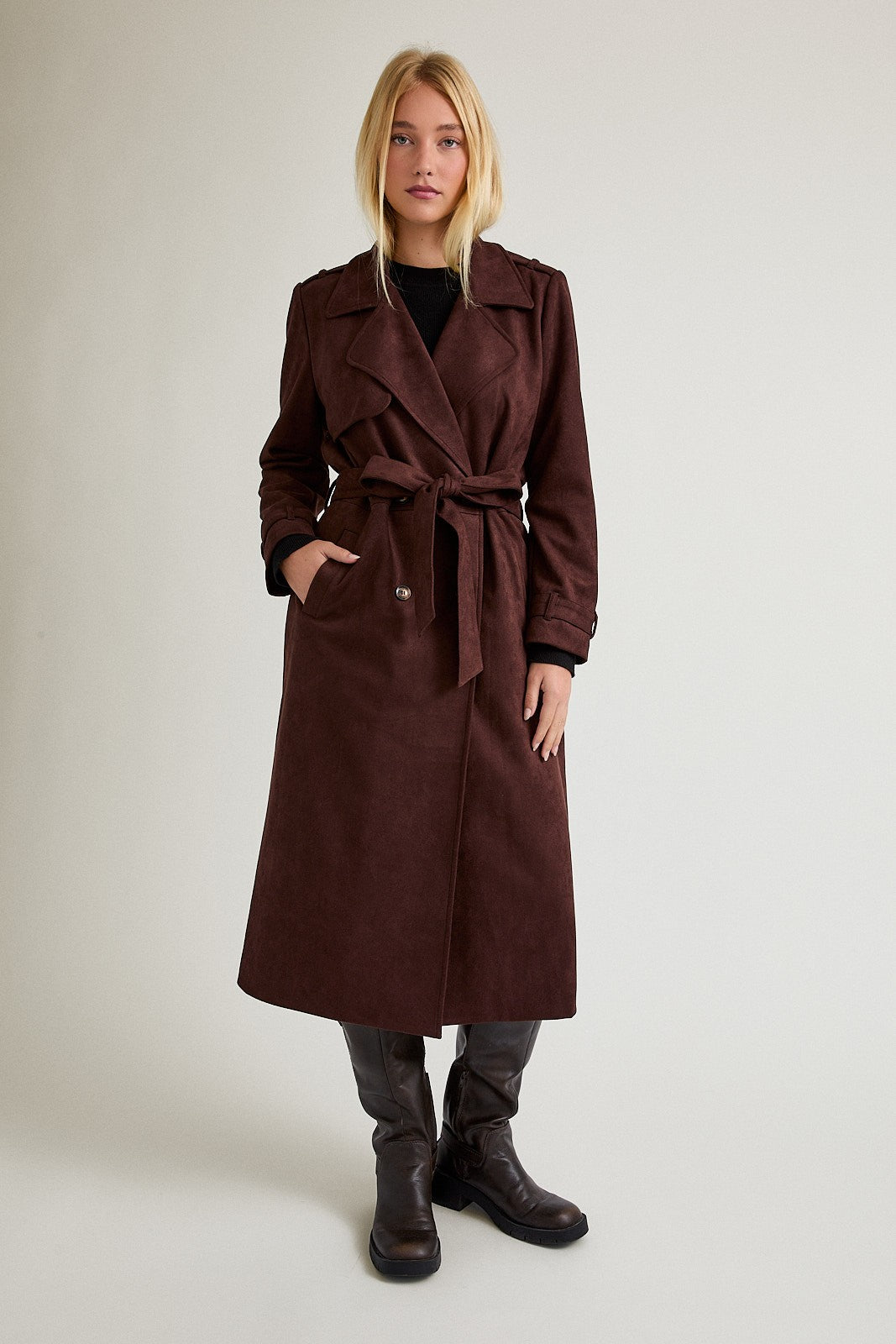 Brown Suede Long Trench Coat