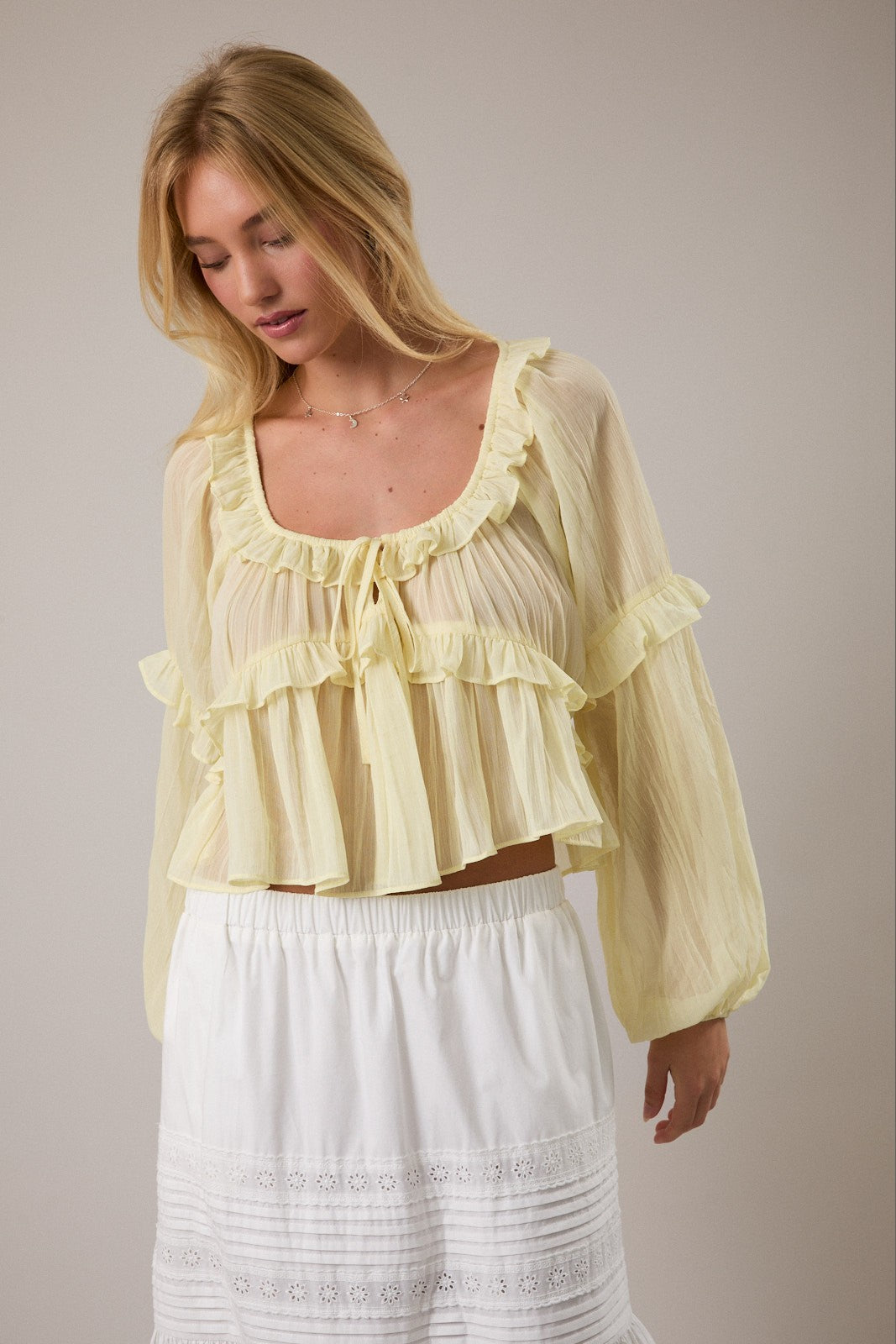 Yellow Ruffle Detail Sheer Blouse - Clothe Boutique
