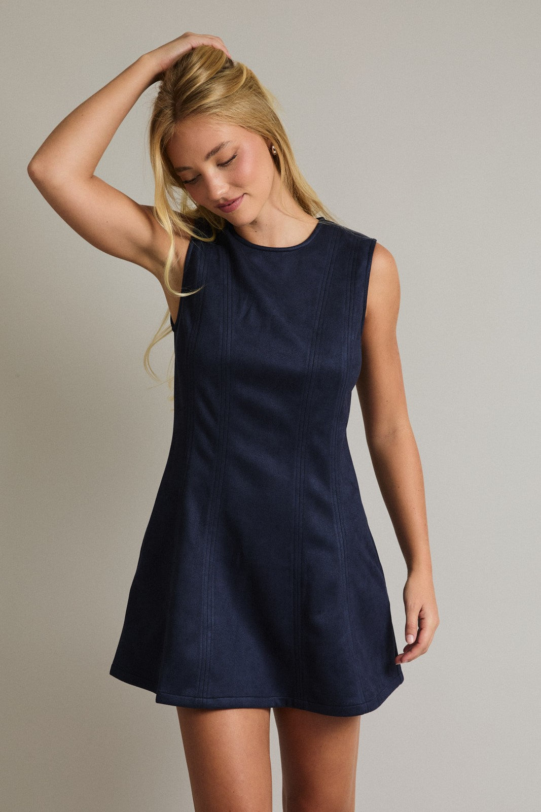 Round Neck Sleeveless Suede Dress Navy