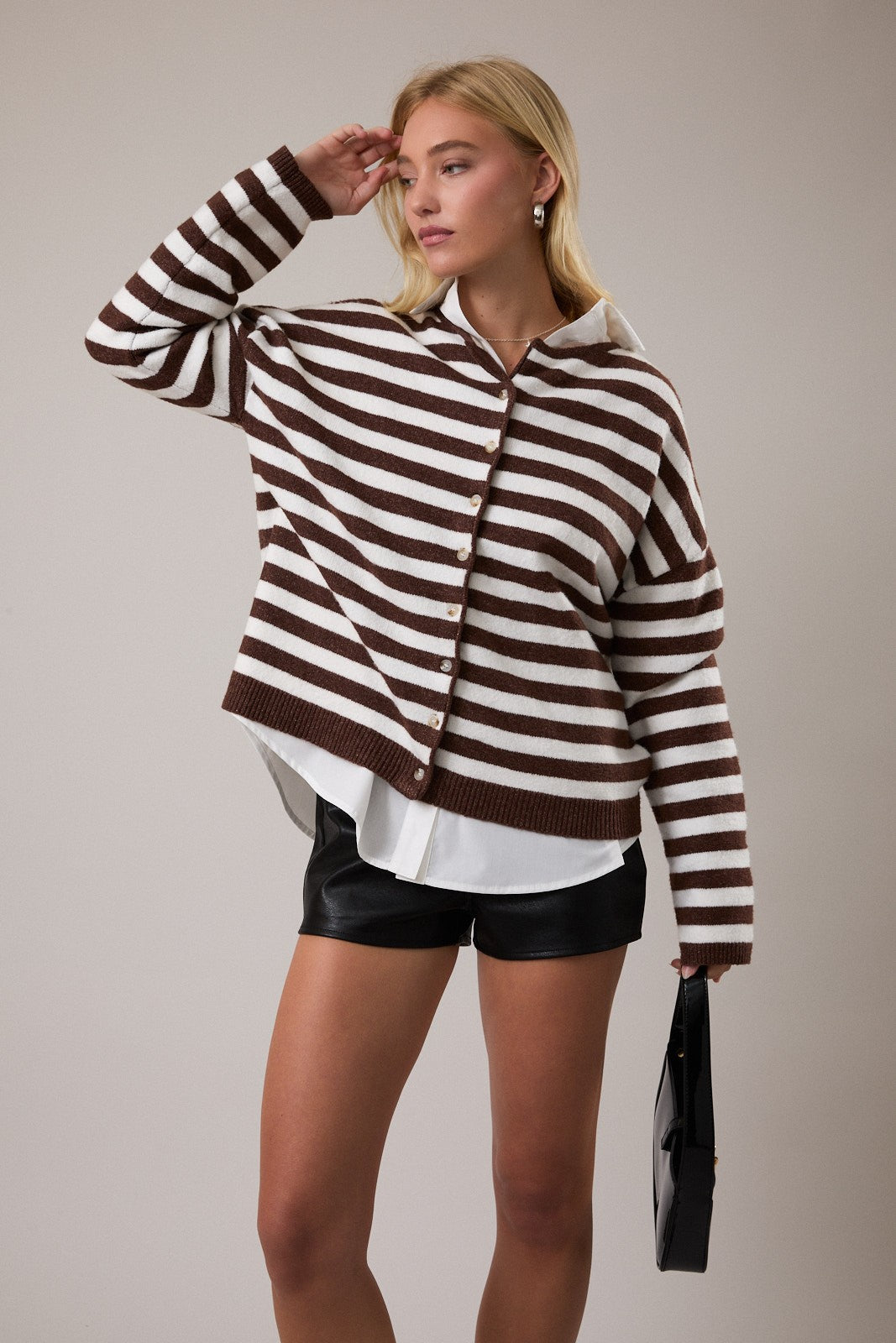 Brown/White Striped Soft Knit Cardigan - Clothe Boutique