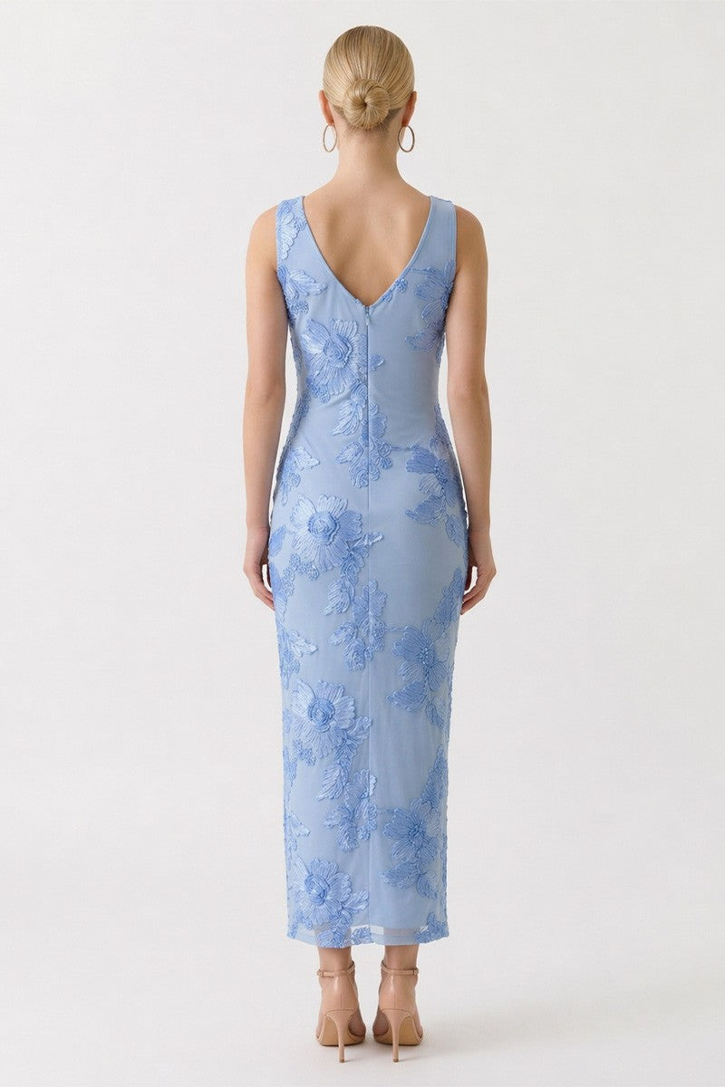 Blue Floral Mesh Midi Dress
