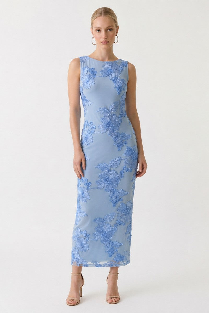Blue Floral Mesh Midi Dress