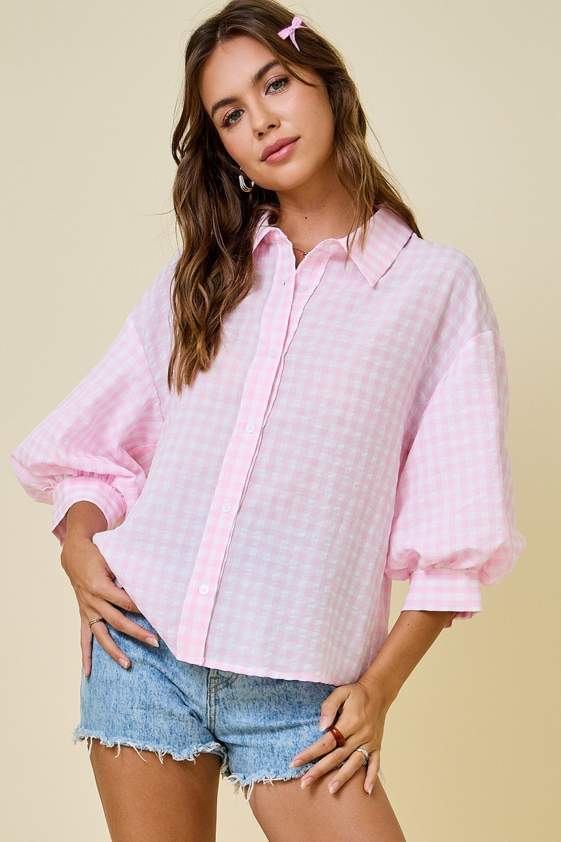 Gingham Button Down Shirt Pink/White - Clothe Boutique