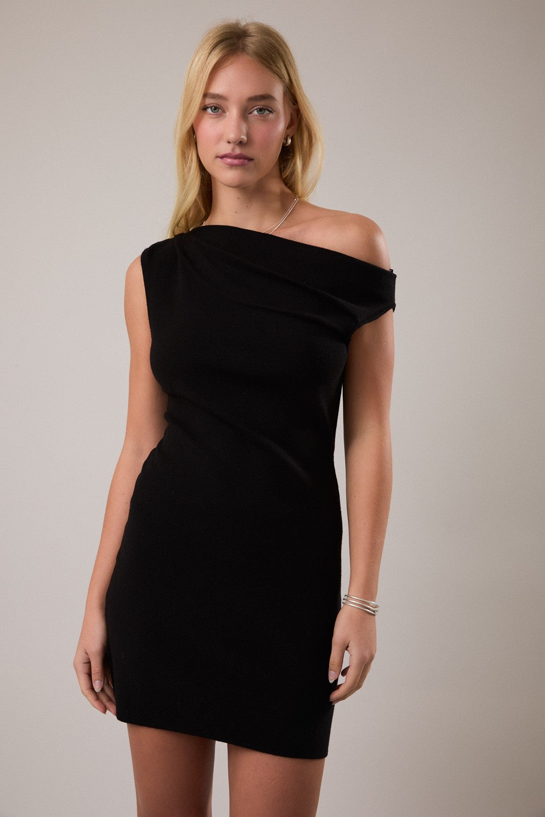 Asymmetrical Shoulder Dress Black