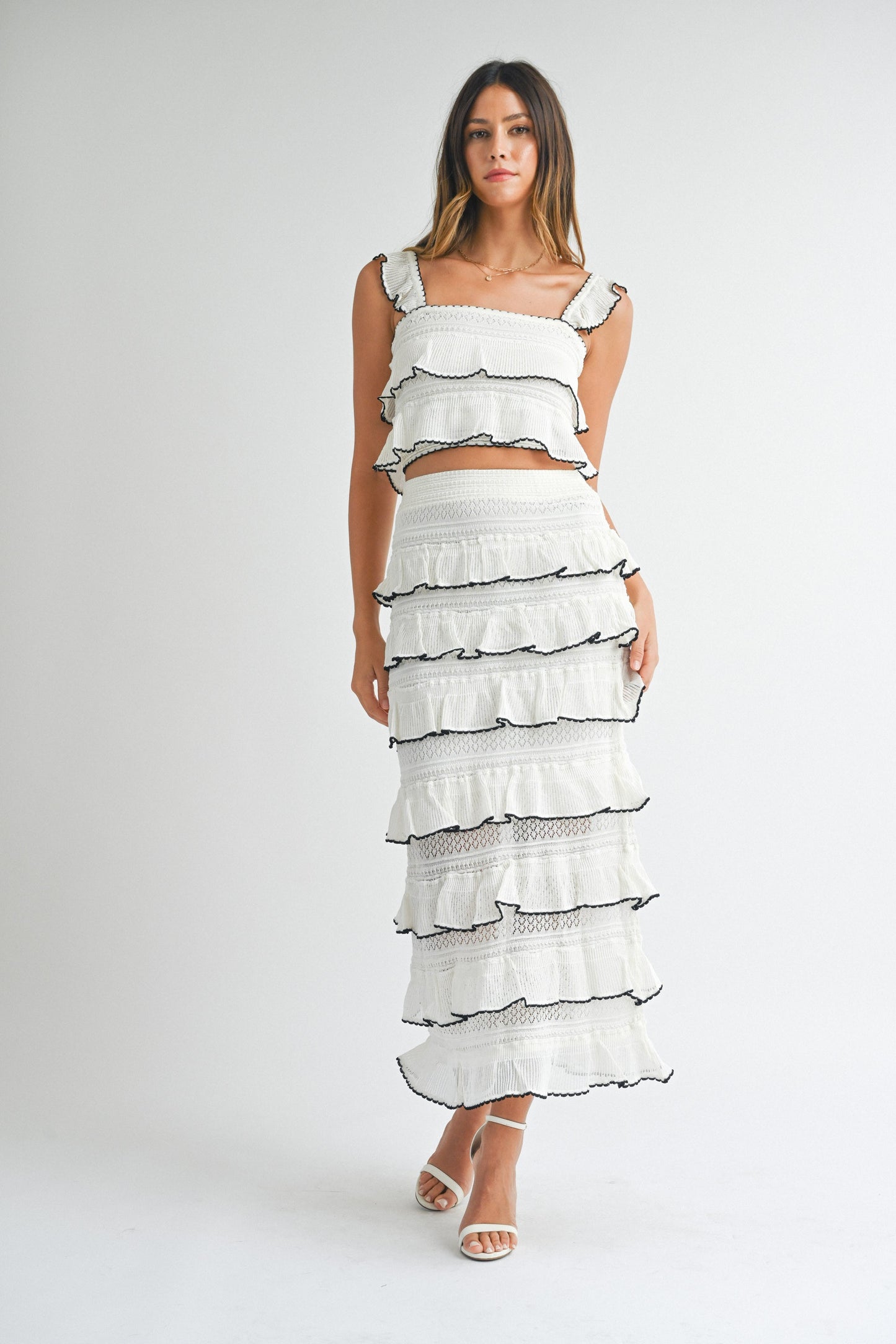 Cream Tiered Ruffled Knit Top & Skirt Set of 2