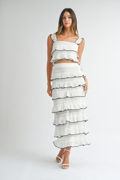 Cream Tiered Ruffled Knit Top & Skirt Set of 2
