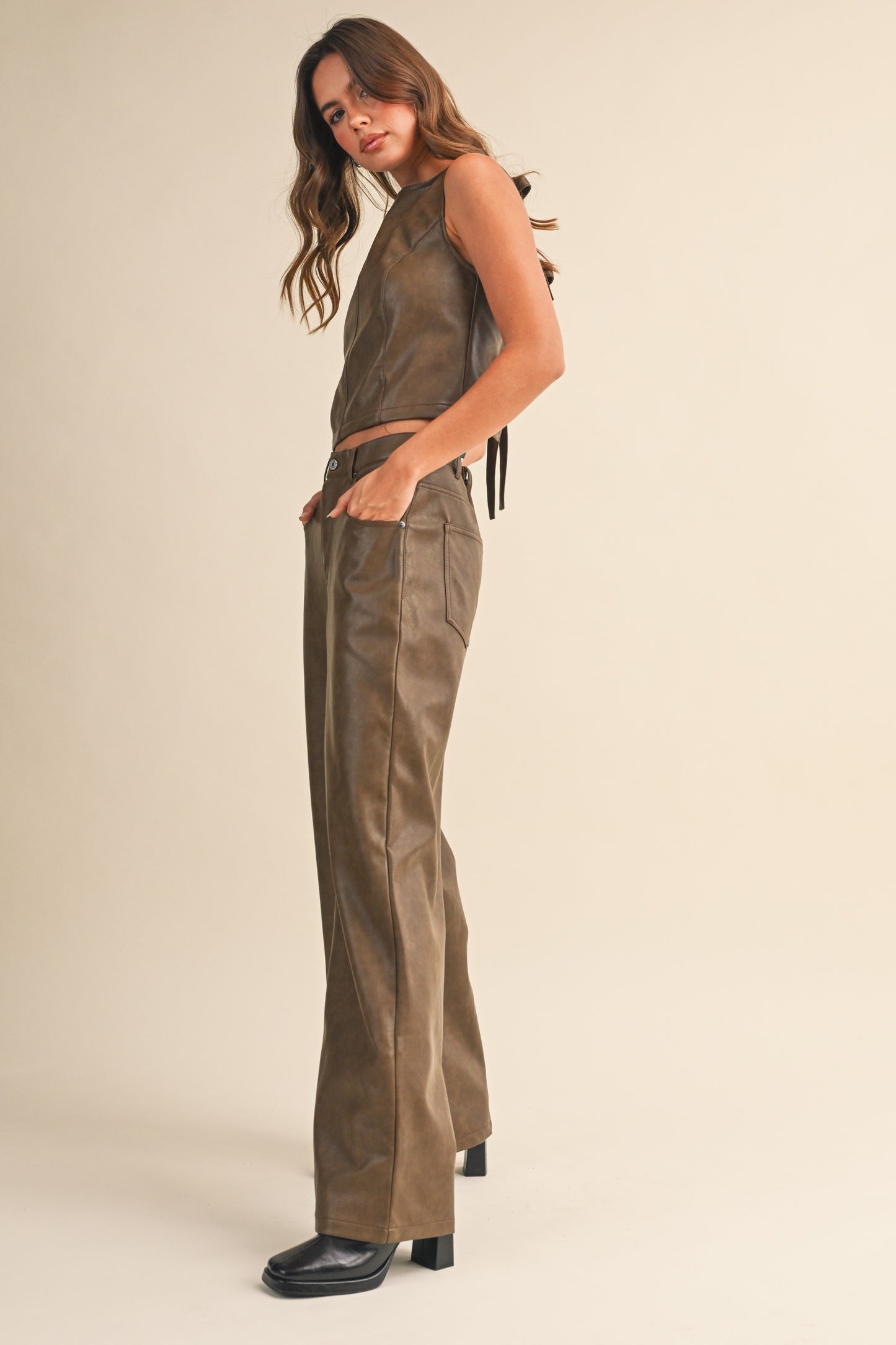 Faux Leather Tie Back Top & Pants Set Of 2