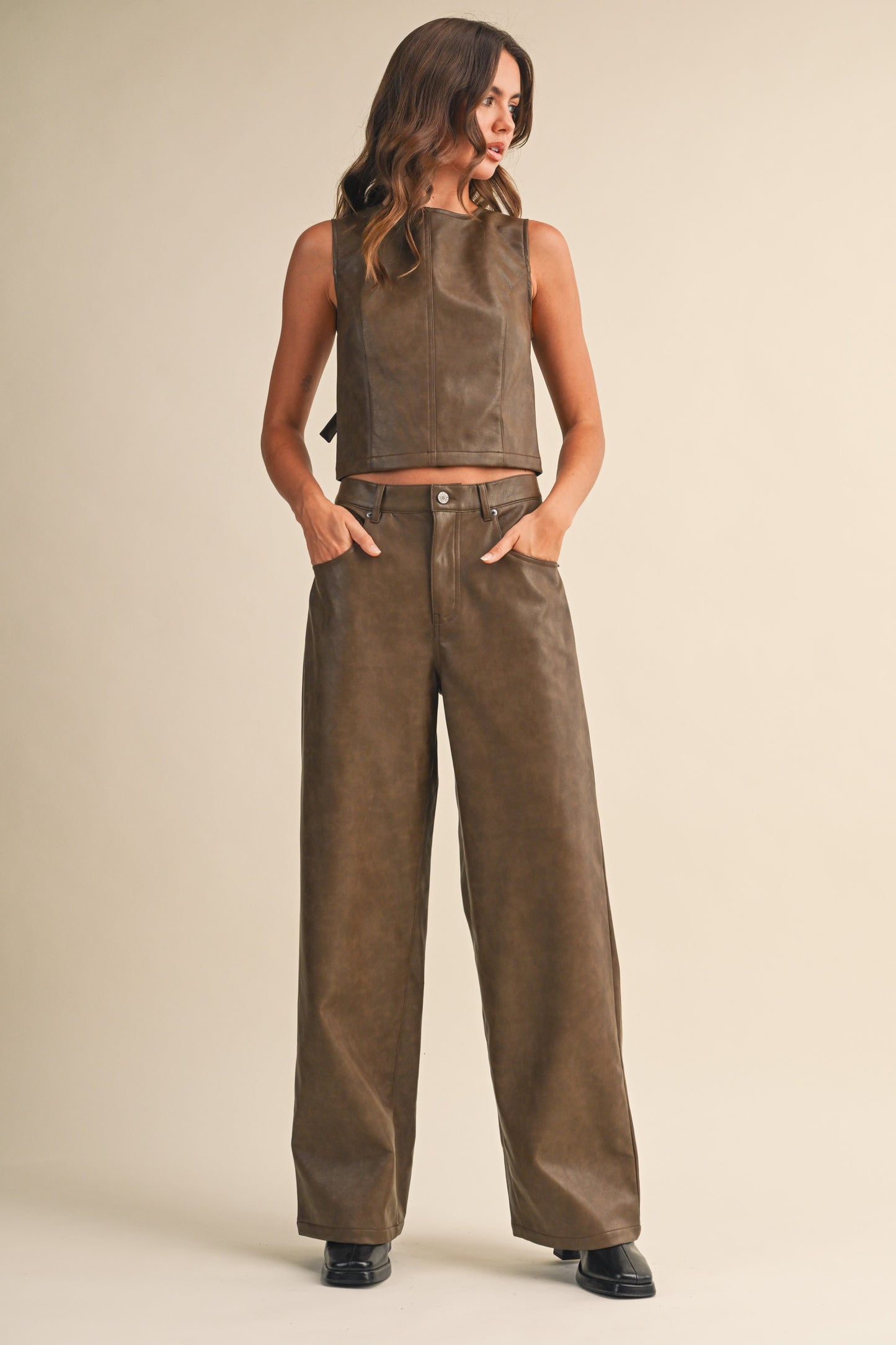 Faux Leather Tie Back Top & Pants Set Of 2