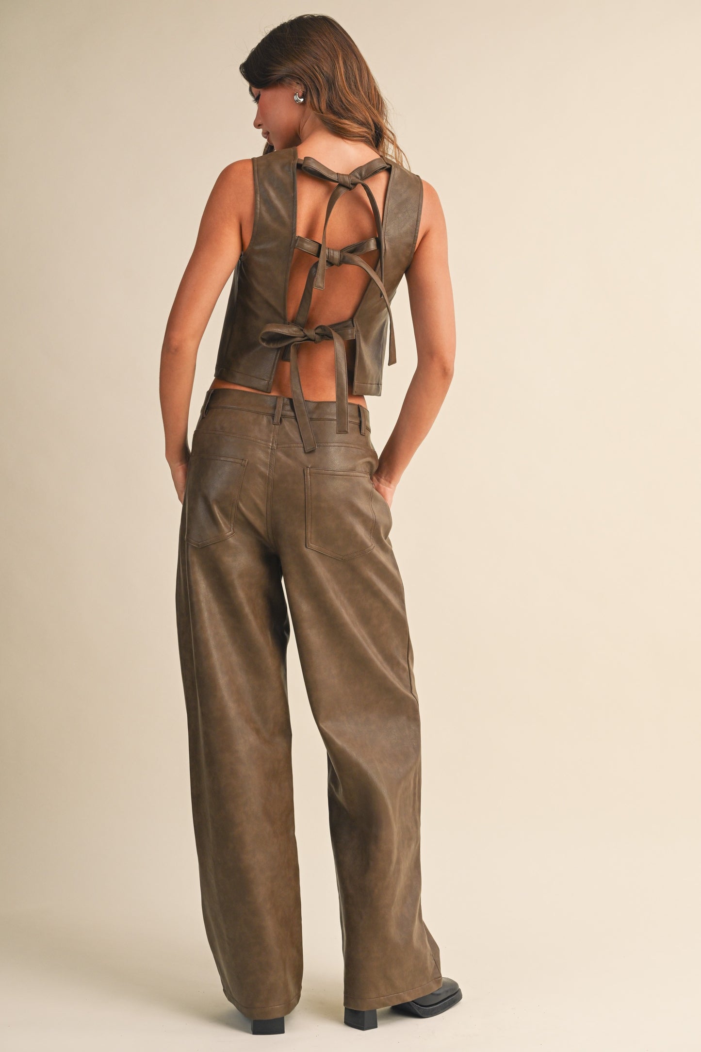 Faux Leather Tie Back Top & Pants Set Of 2