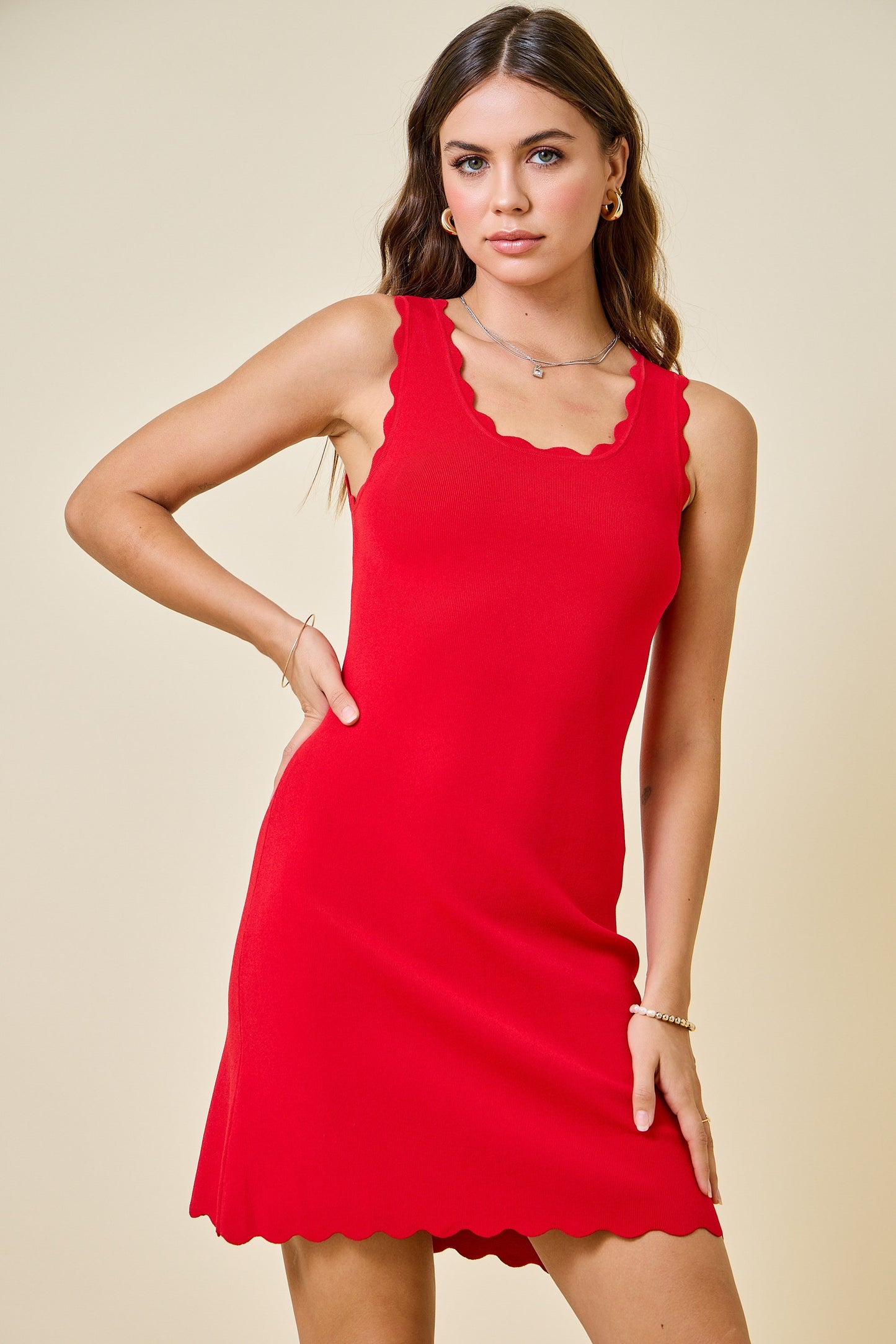 Red Detail Scallop Knit Dress - Clothe Boutique