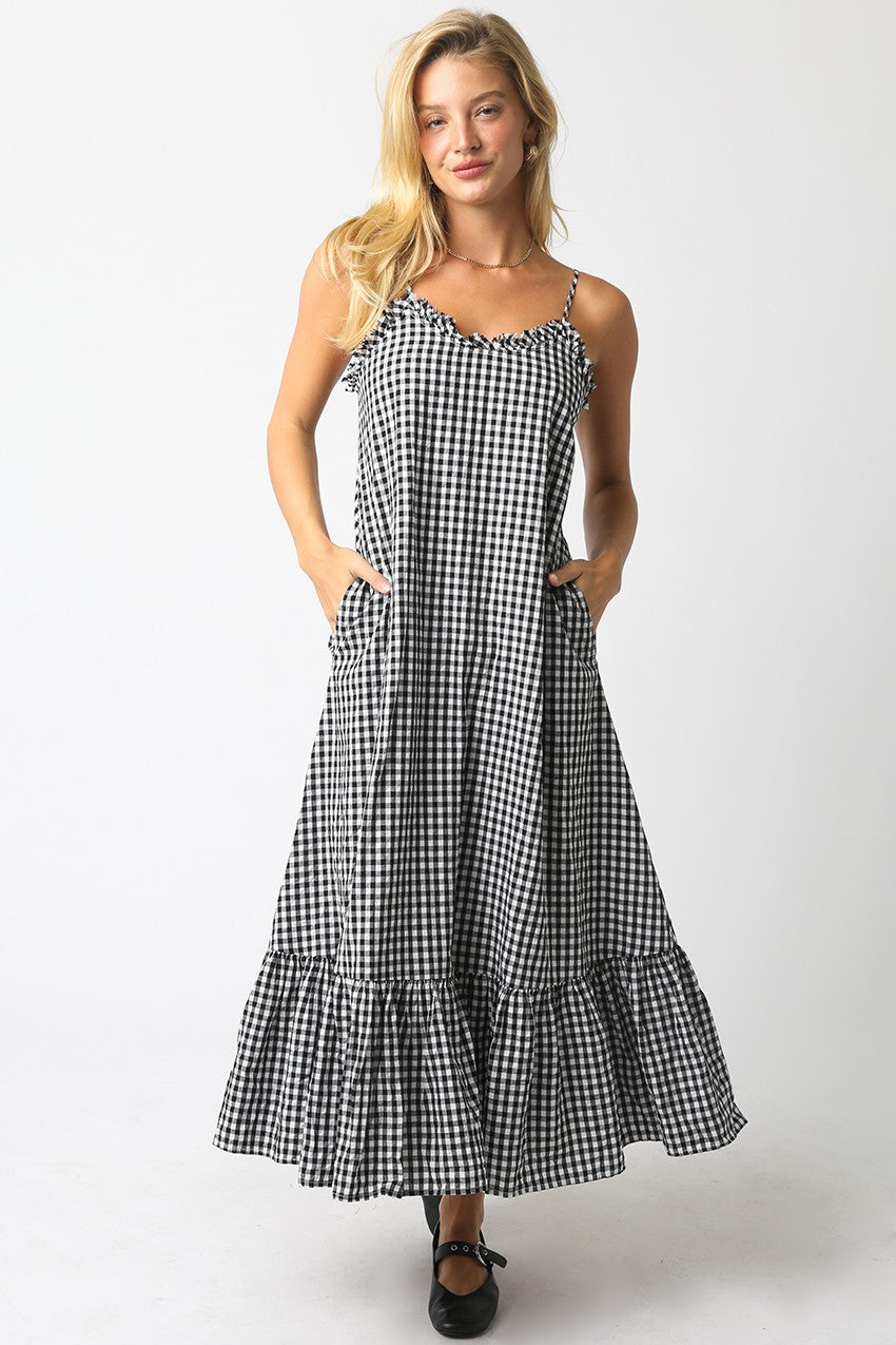 Gingham Ruffled Hem Maxi Dress Black