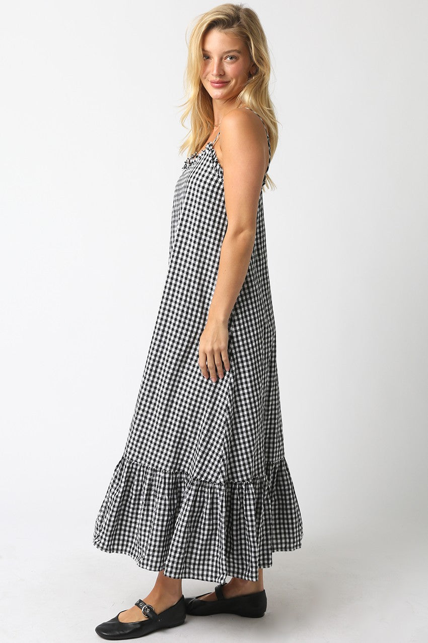 Gingham Ruffled Hem Maxi Dress Black
