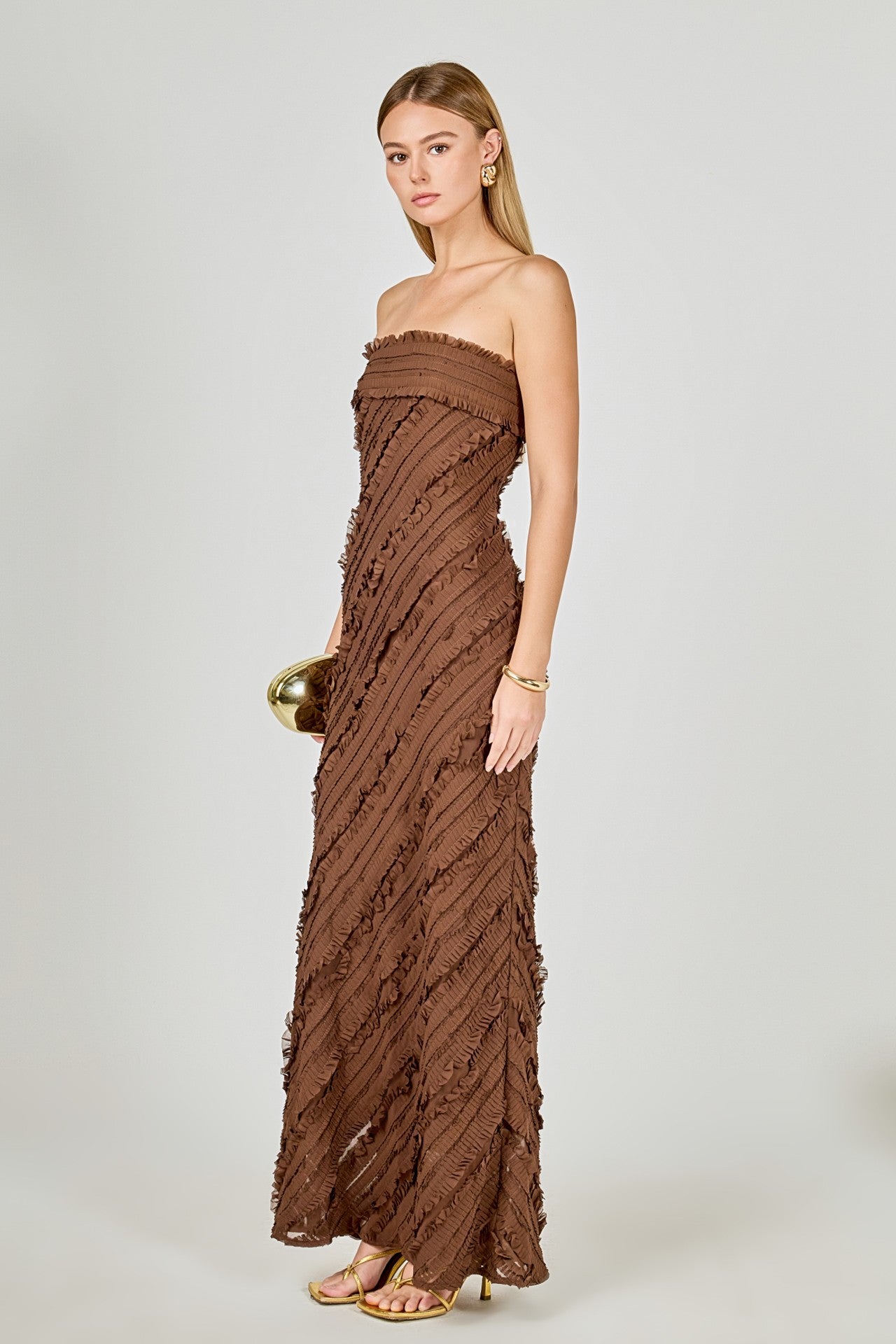 Strapless Ruffle Maxi Dress Chocolate - Clothe Boutique