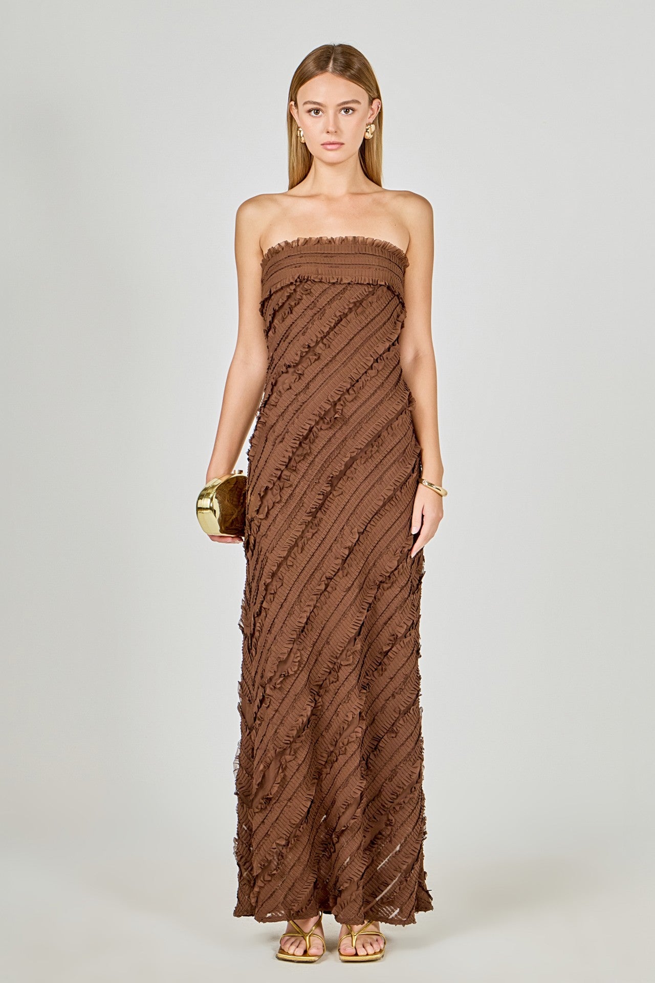 Strapless Ruffle Maxi Dress Chocolate - Clothe Boutique