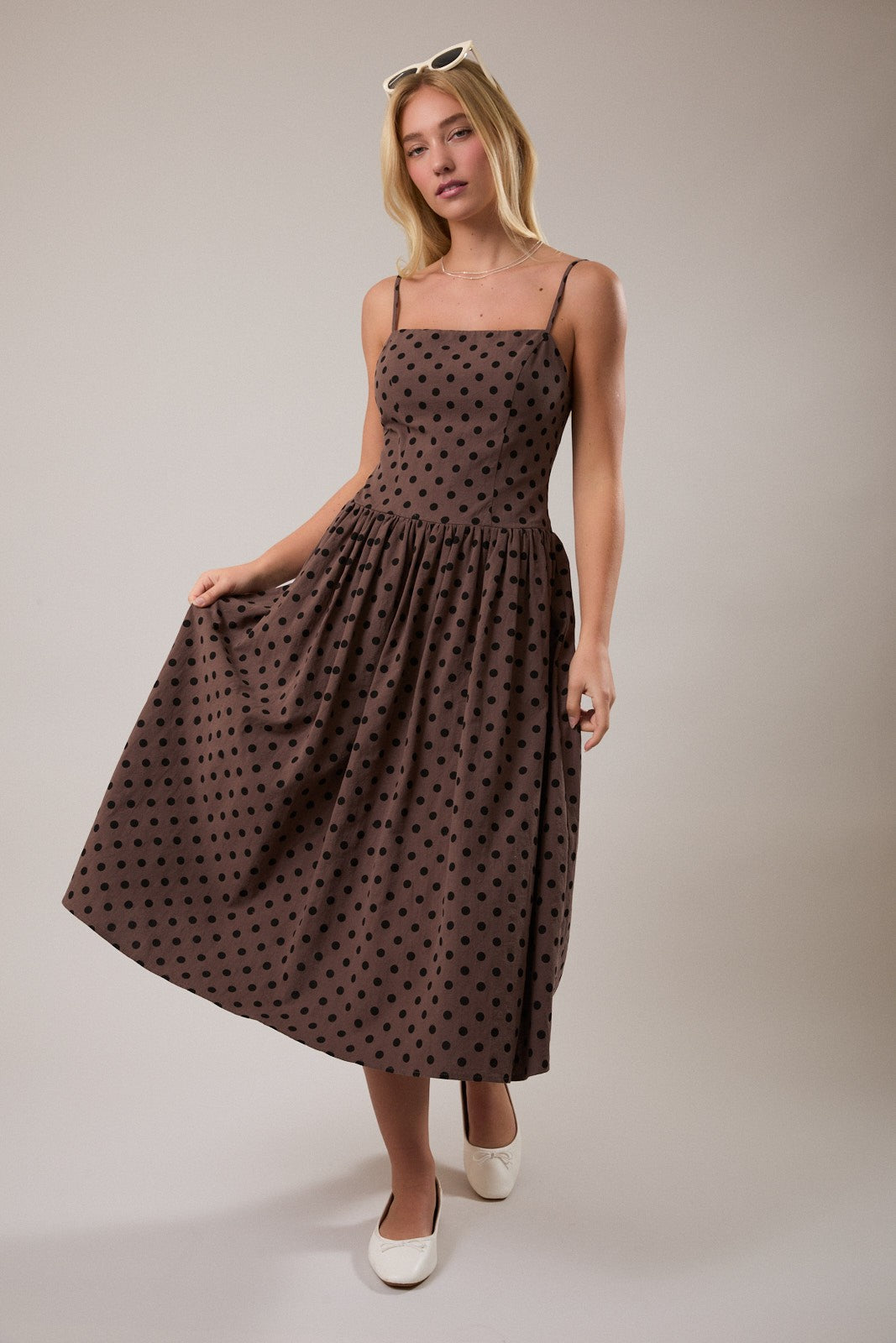 Brown Polka Dot Drop Waist Midi Dress Brown Polka Dot Drop Waist Midi Dress