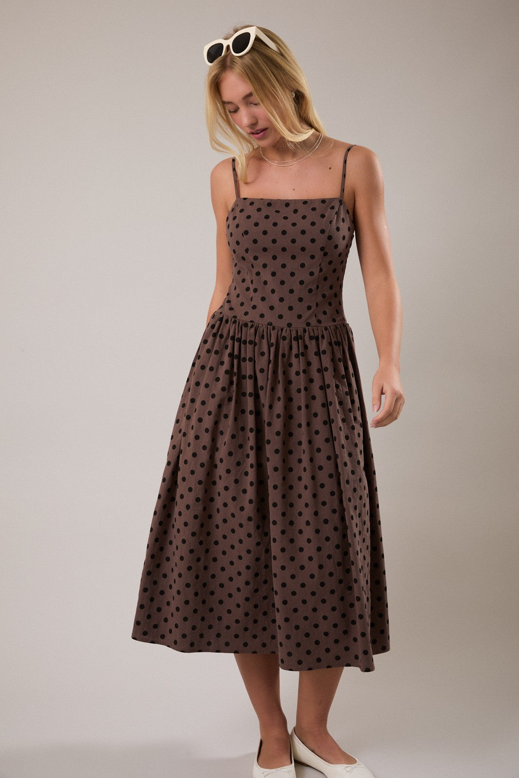 Brown Polka Dot Drop Waist Midi Dress