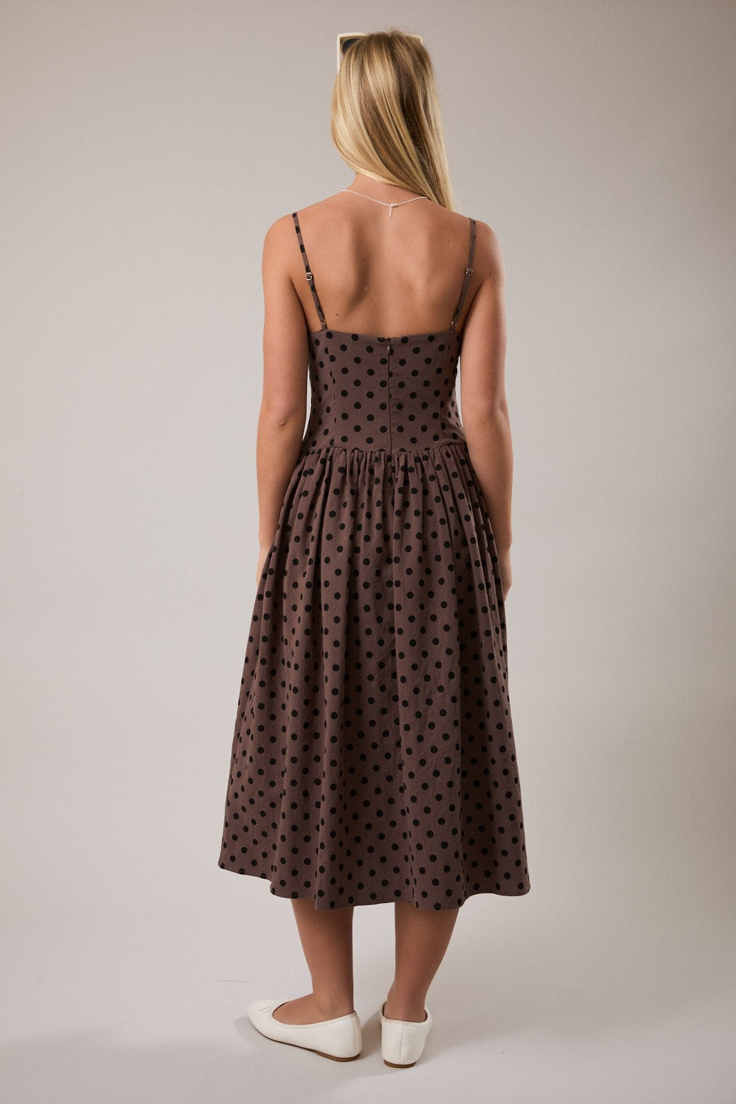 Brown Polka Dot Drop Waist Midi Dress