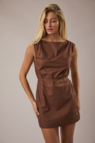 Boat Neck Tie Dress Brown - Clothe Boutique
