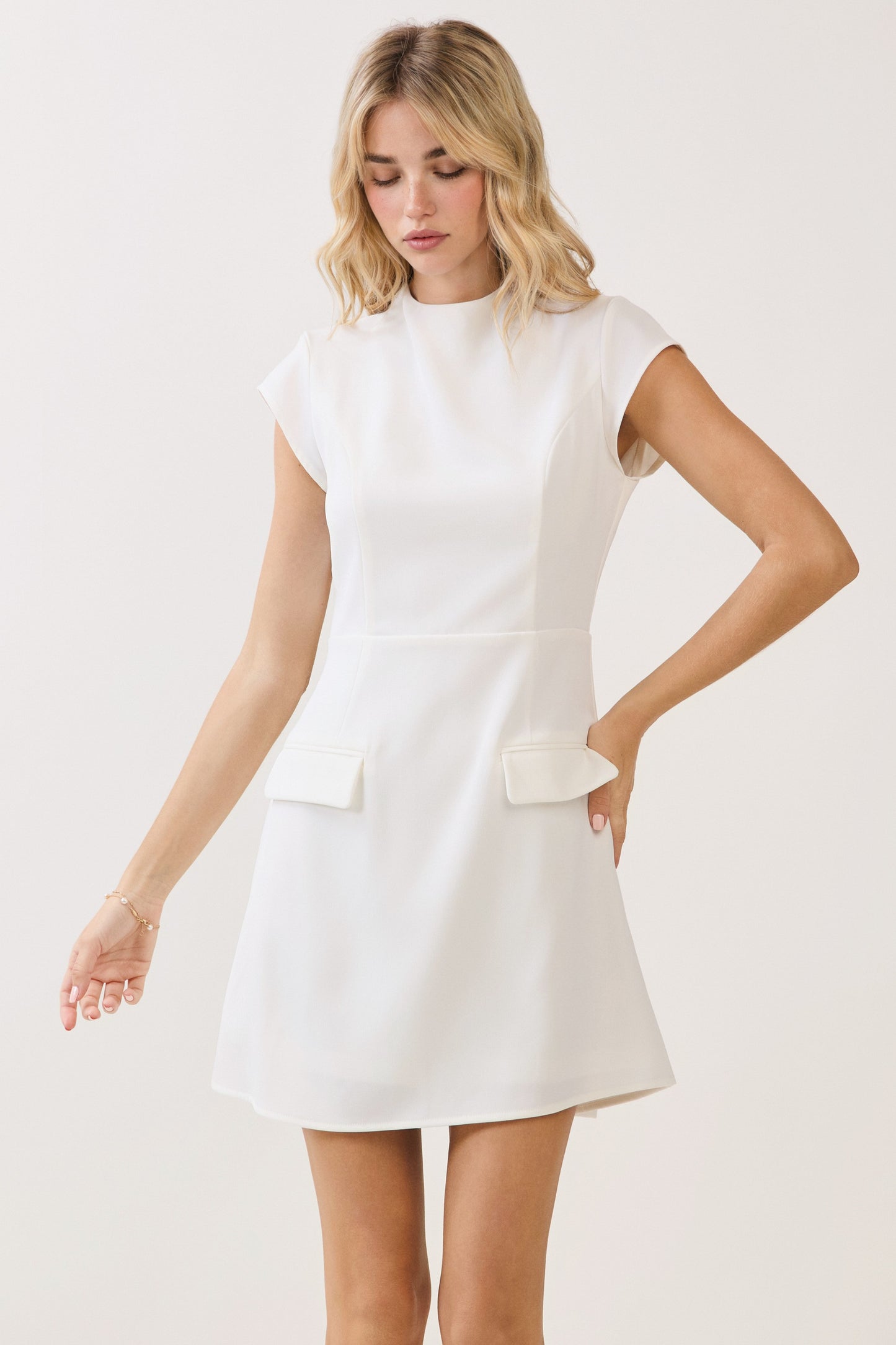 White Mock Neck Cap Dress