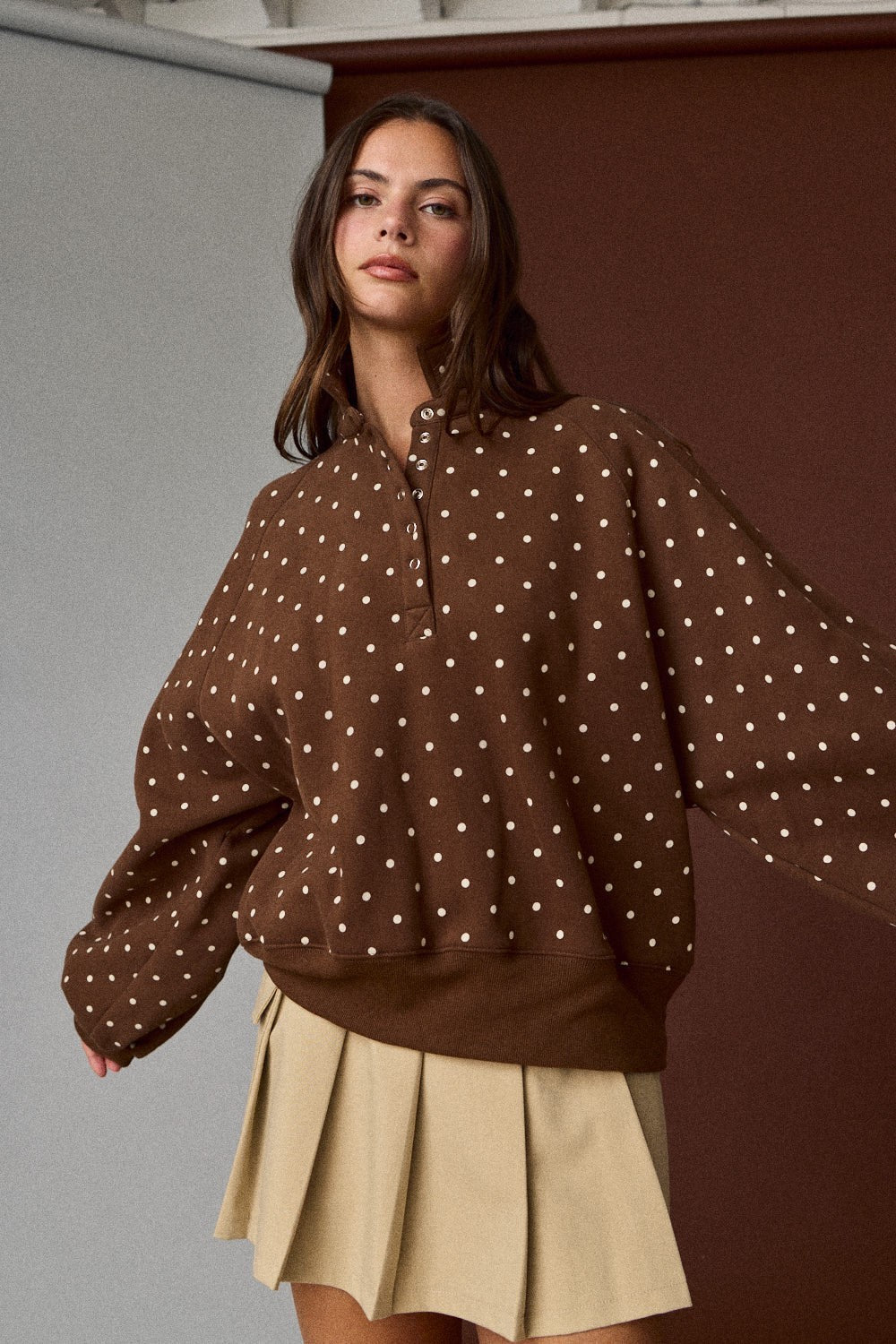 Brown Polka Dot Snap Button Pullover