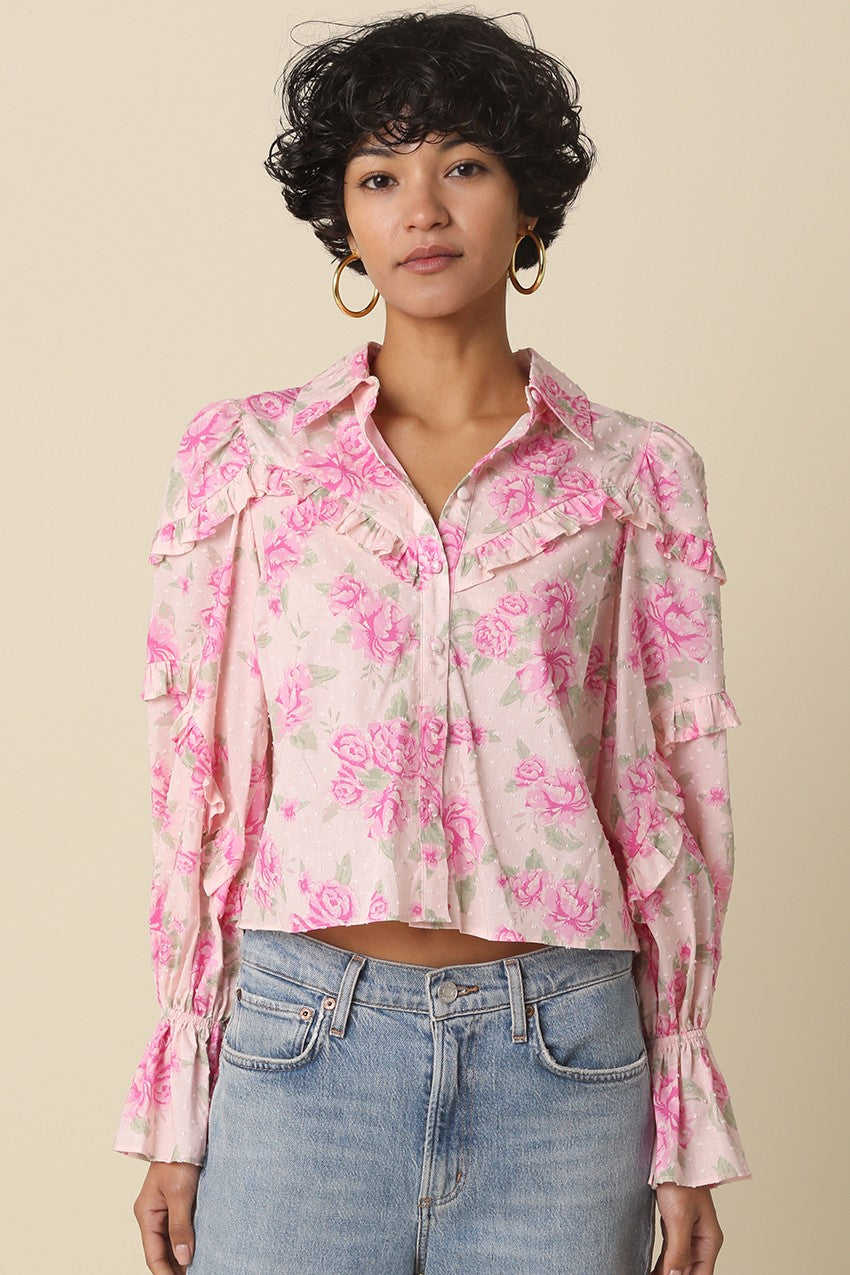 Pink Floral Ruffle Trim Blouse - Clothe Boutique