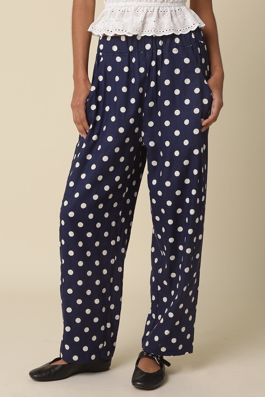 Navy Polka Dot Linen Pants