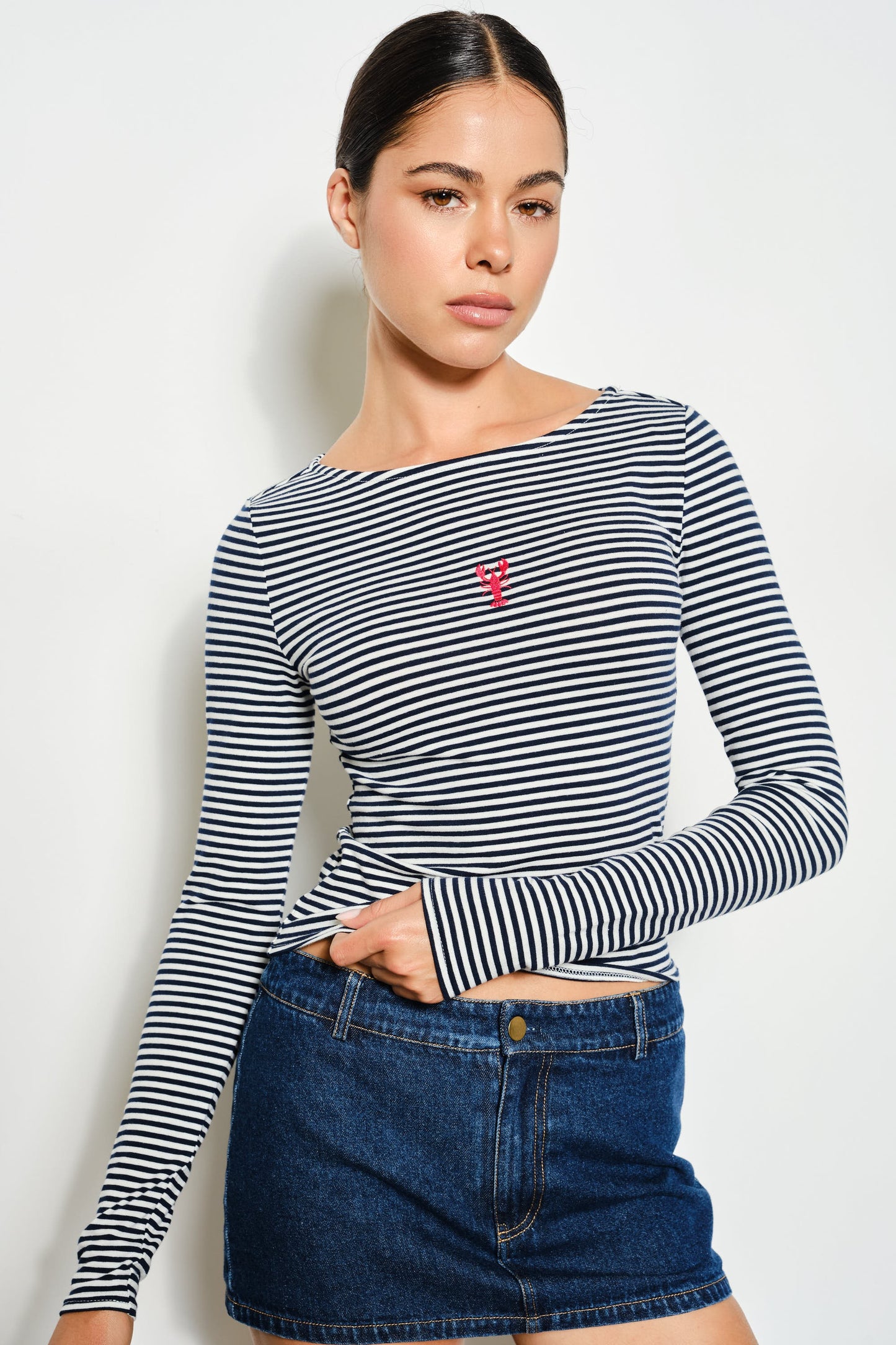 Navy Stripe Lobster Long Sleeve Top