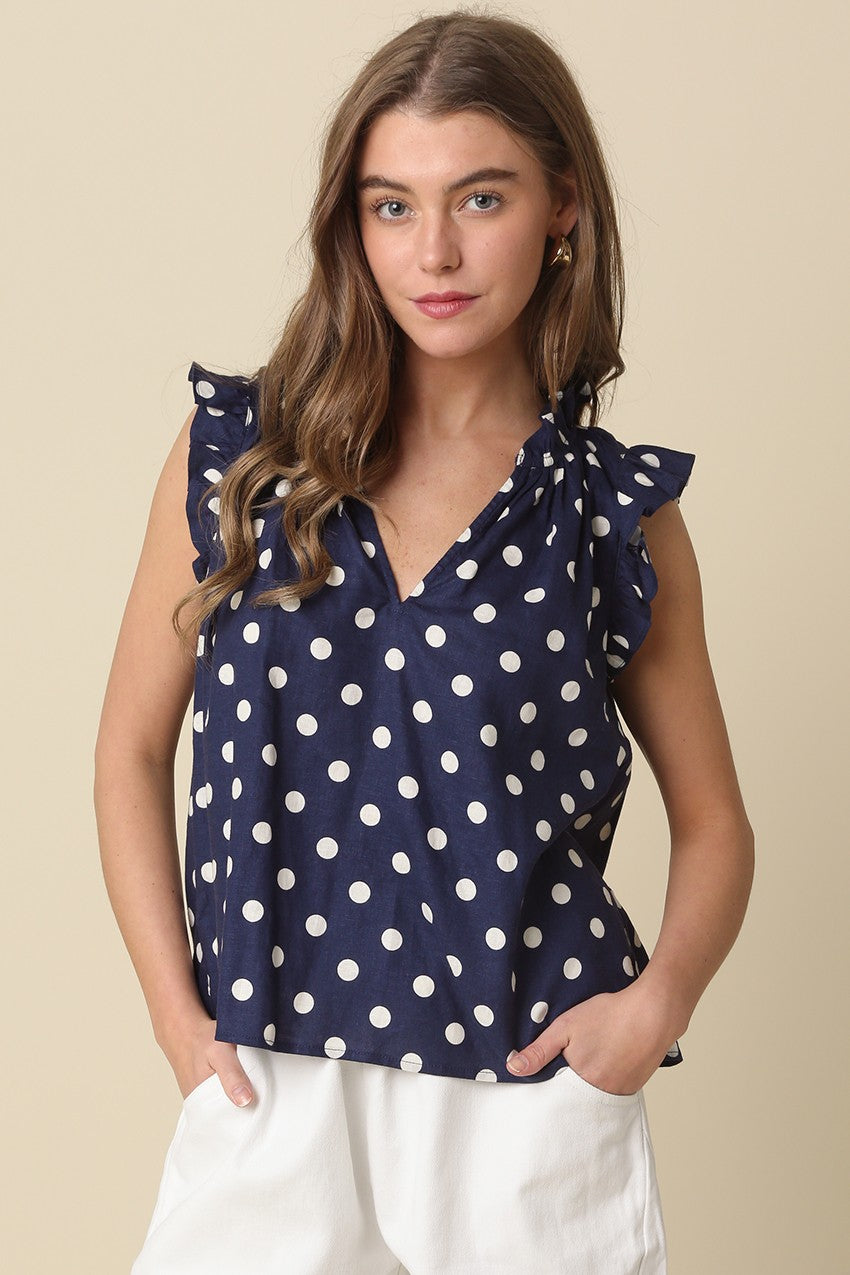 Mira Polka Dot Ruffle Blouse Navy