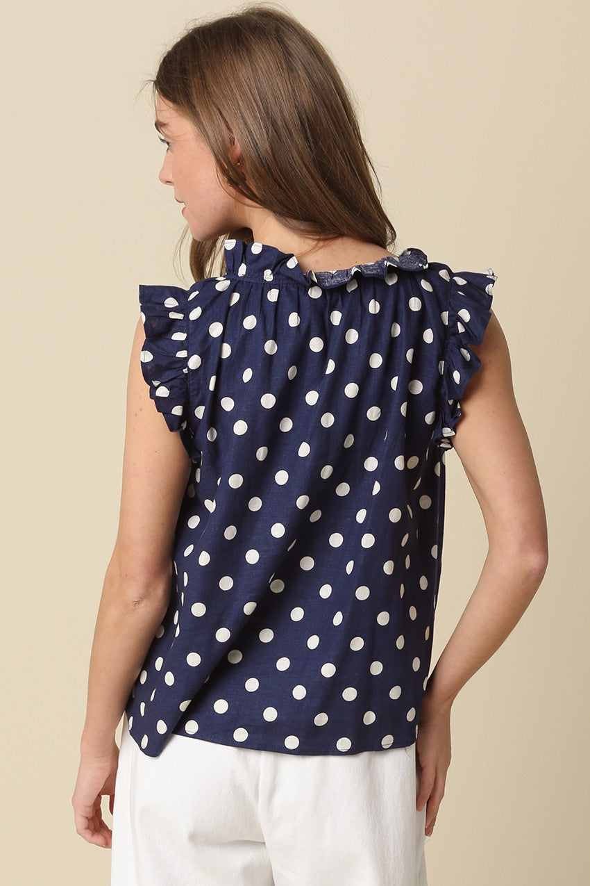 Mira Polka Dot Ruffle Blouse Navy