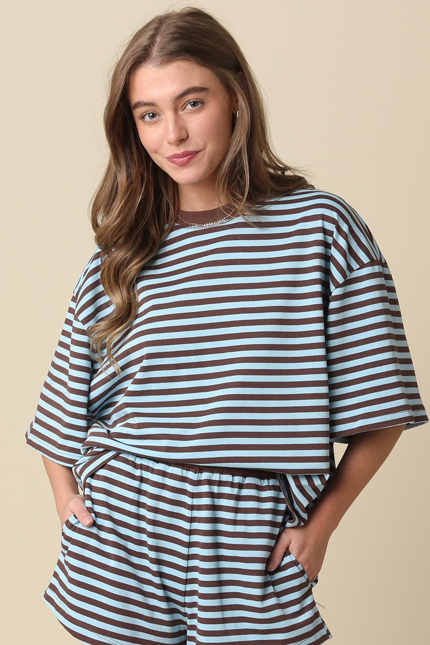 Relaxed Fit Top & Shorts Set Of 2 Blue/Brown - Clothe Boutique