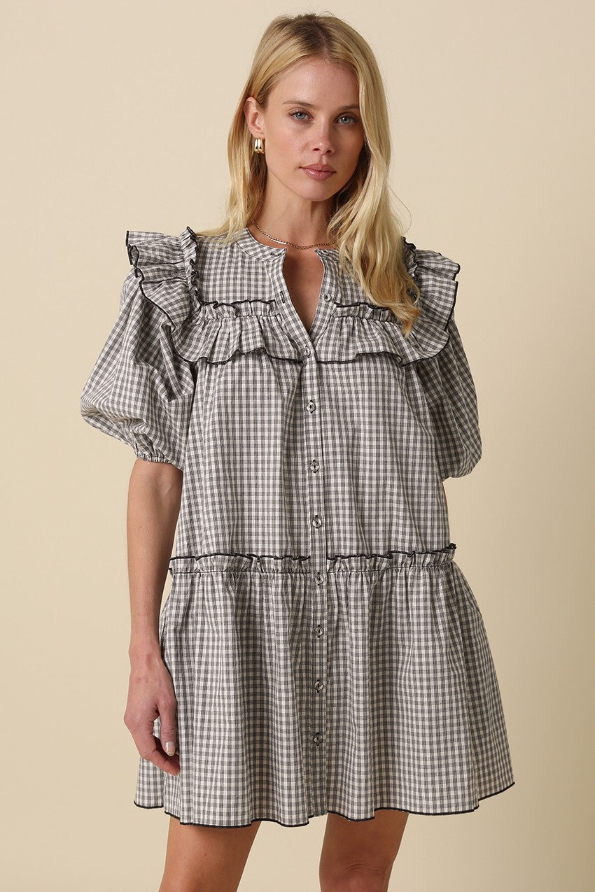 Babydoll Gingham Ruffle Trim Dress