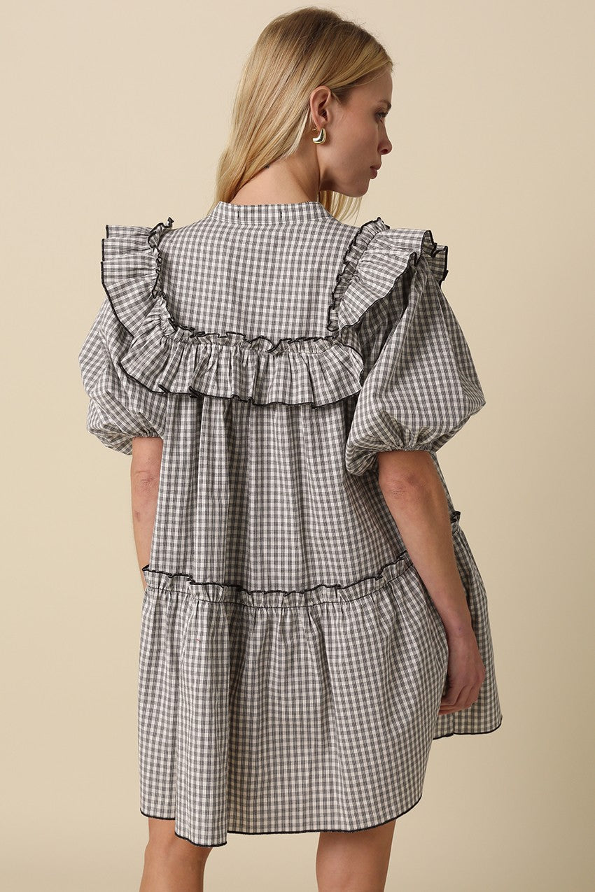 Babydoll Gingham Ruffle Trim Dress